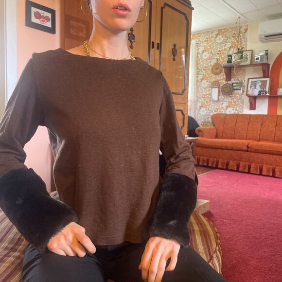 Y2K wool blend fur sleeve brown boatneck cropped sweater! - Picture 4 of 14